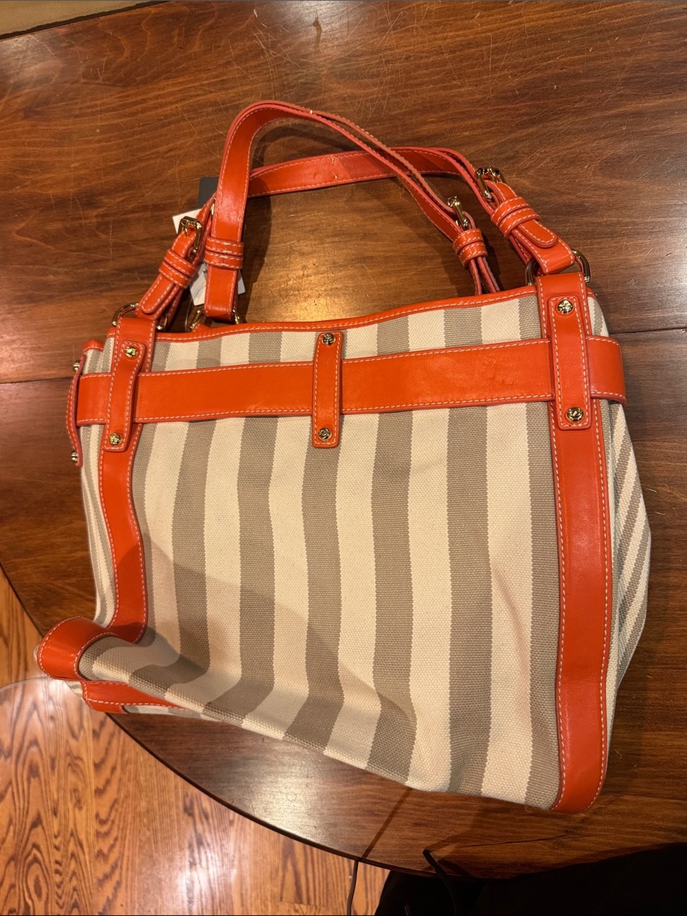 NWT Francesco Biasia Perfect Striped Canvas Leather Tote Bag Orange Luxury Italy - Picture 3 of 14